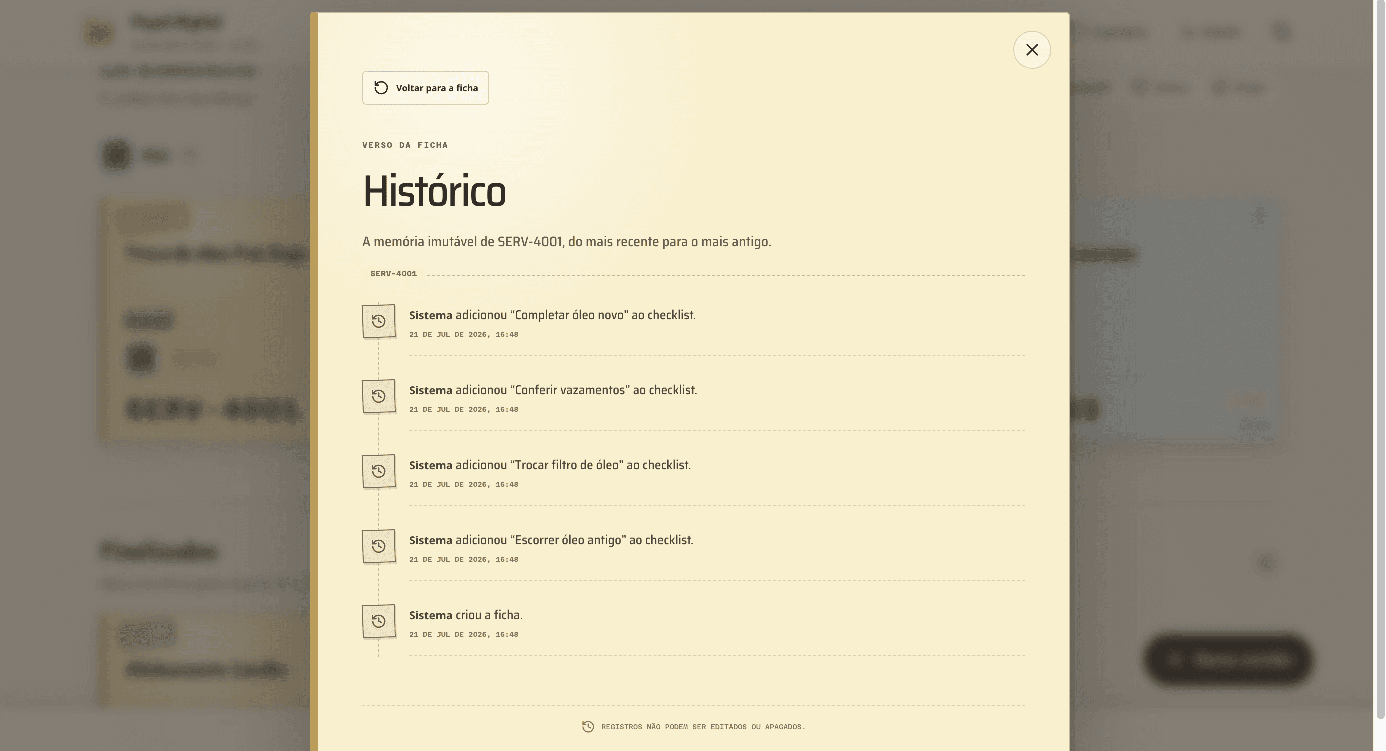 Verso do cartão com histórico de alterações