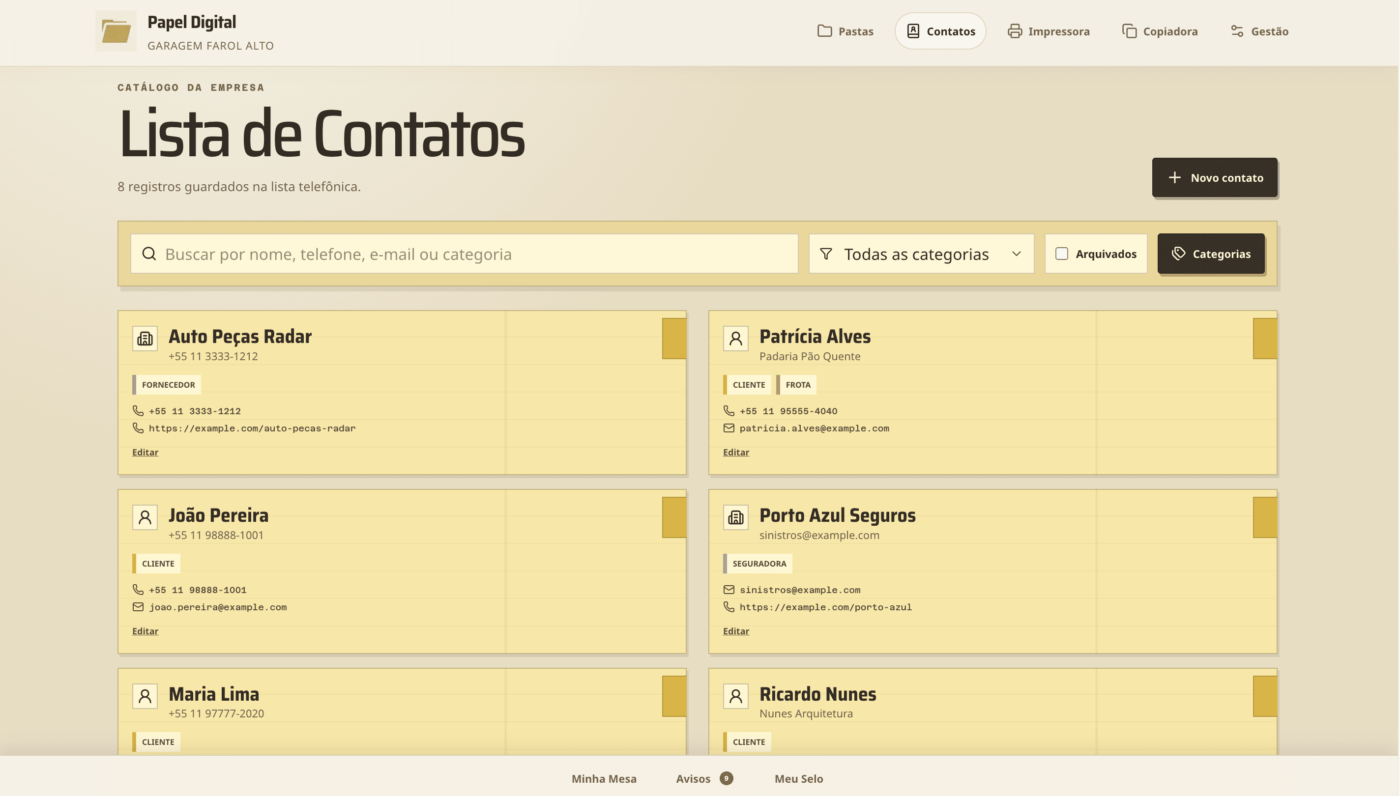 Lista de contatos do Papel Digital