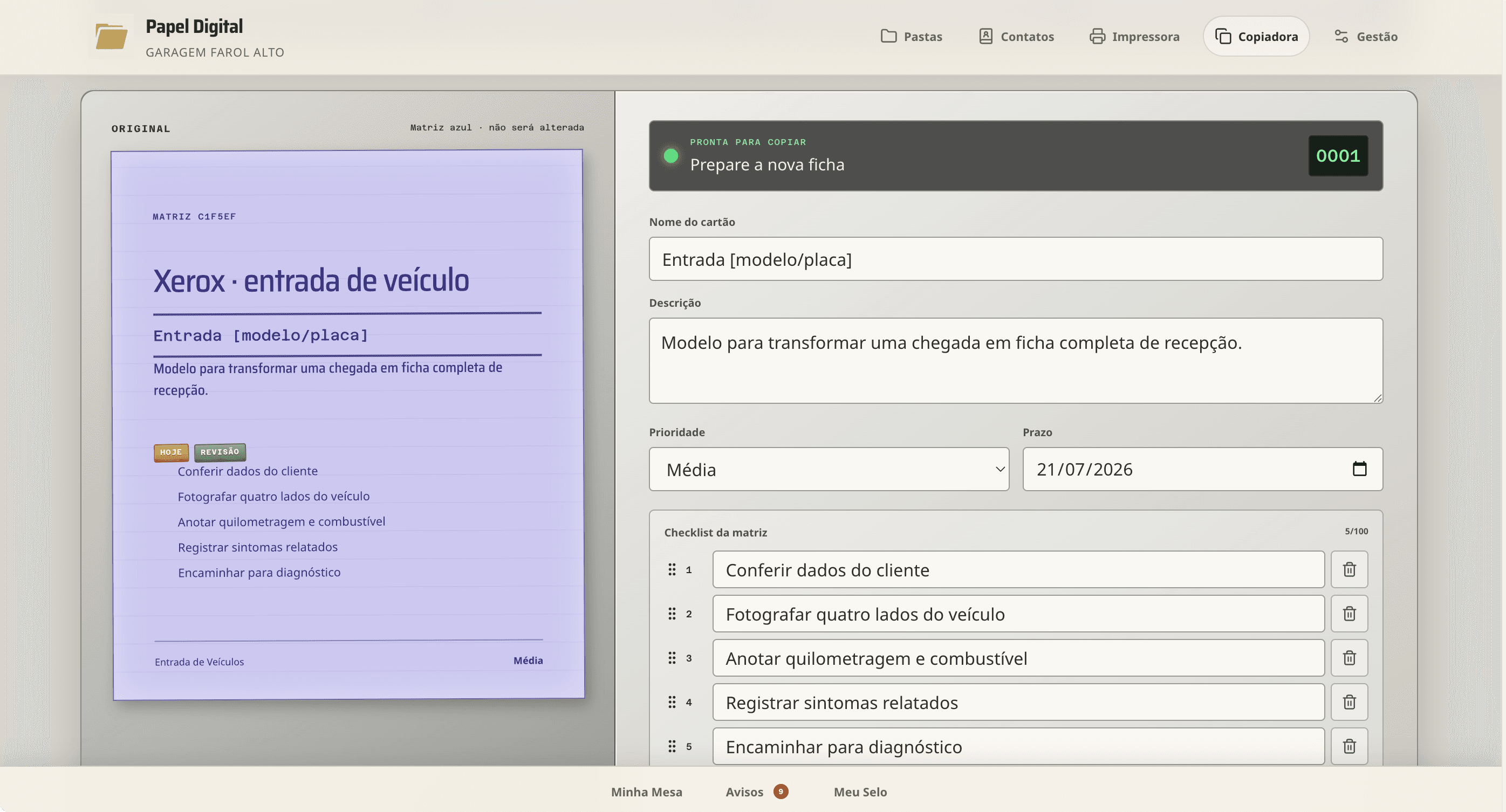 Tela da Copiadora do Papel Digital mostrando uma matriz de entrada de veículo