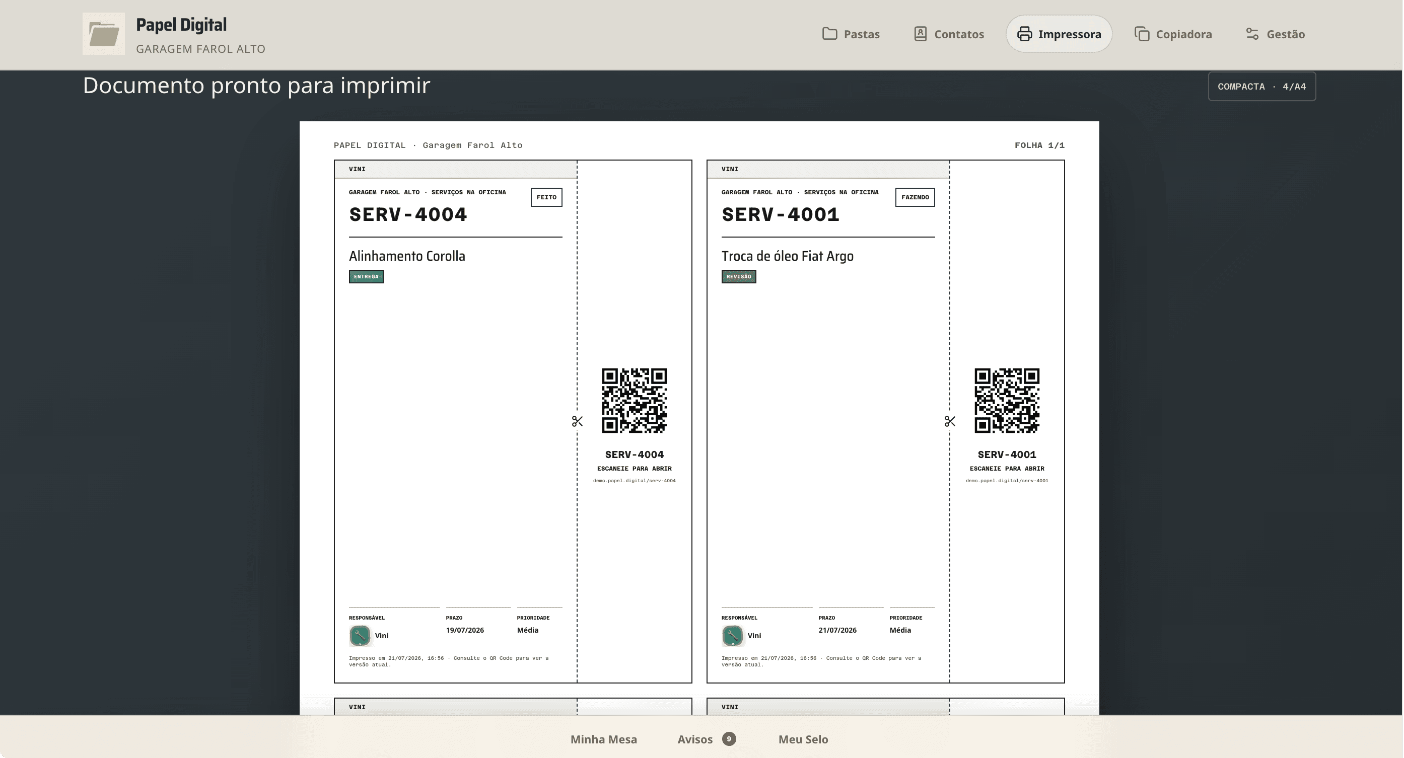 Tela da Impressora do Papel Digital com fichas e QR Codes para impressão